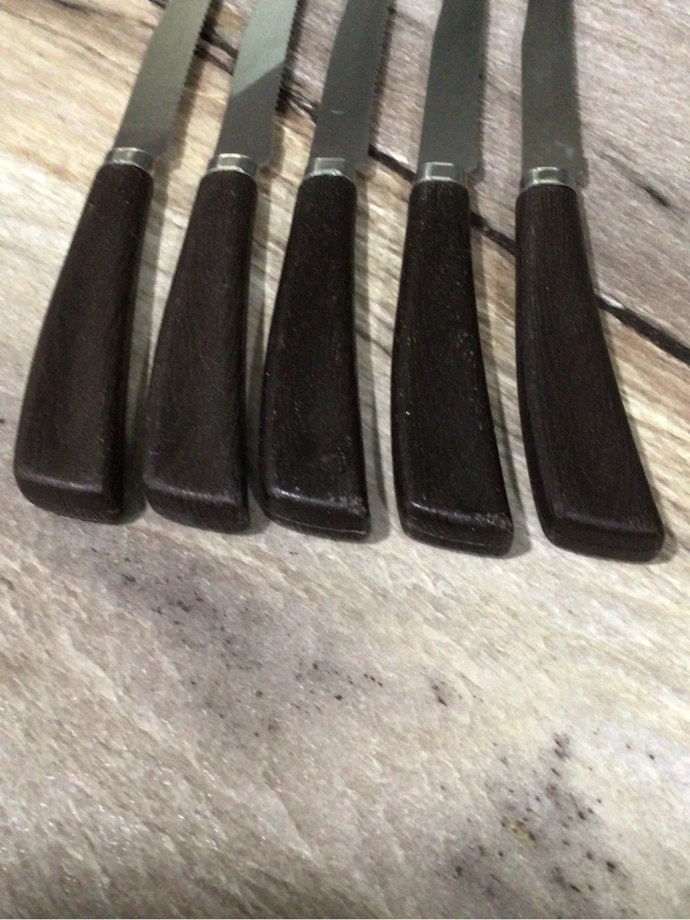 Vintage Quikut USA 5 Pc Stainless Steel Steak Knife Set Brown Faux Wood Handles